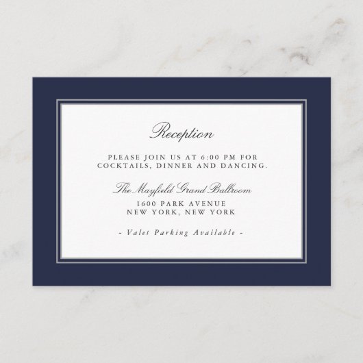Navy Blue Classic Elegante Trouwreceptie Informatiekaartje (Voorkant)