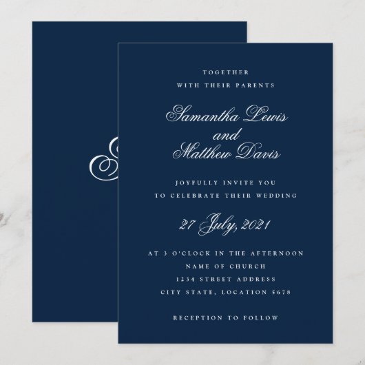 Navy Blue Classic Formal Elegant Script Wedding Kaart (Voorkant / Achterkant)