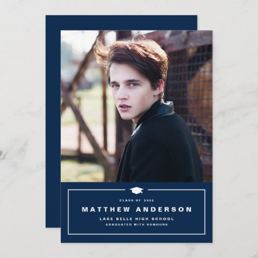 Navy Blue Classic Gradup Foto Afstuderen Aankondiging (Voorkant / Achterkant)