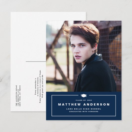 Navy Blue Classic Gradup Foto Afstuderen Aankondigingskaart (Voorkant / Achterkant)