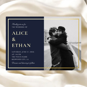Navy Blue Classic Kalligrafie Fotobruiloft Folie Uitnodiging