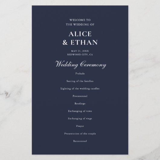 Navy Blue Classic Minimalistische Wedding Programm (Voorkant)