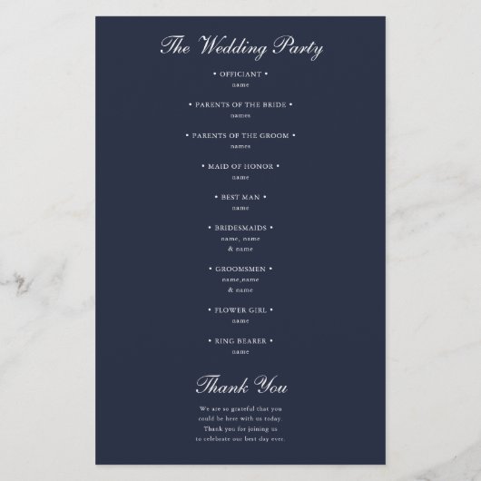 Navy Blue Classic Minimalistische Wedding Programm (Achterkant)