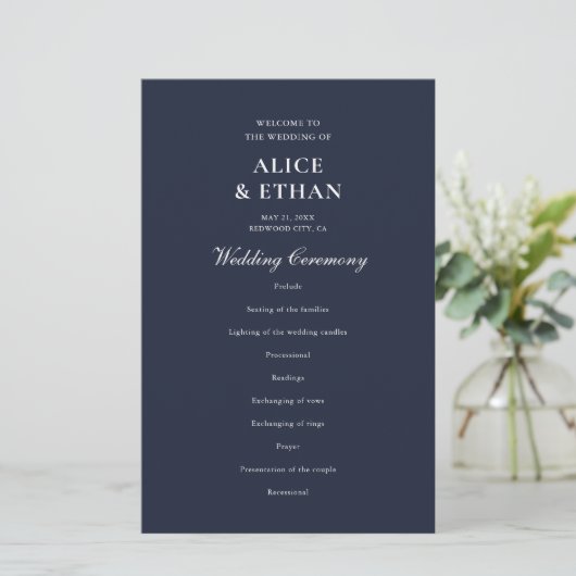 Navy Blue Classic Minimalistische Wedding Programm (Staand voorkant)