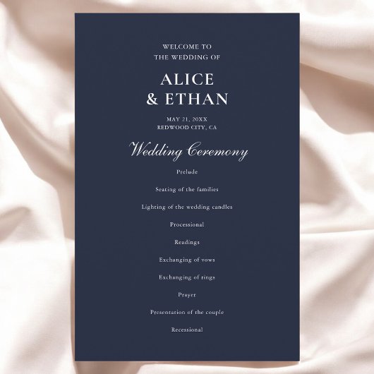 Navy Blue Classic Minimalistische Wedding Programm