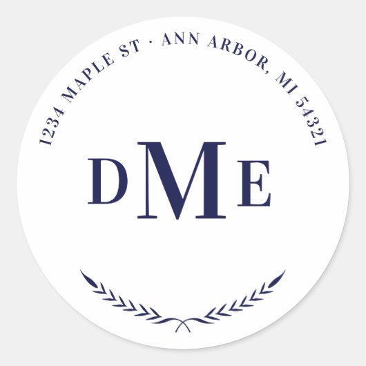 Navy Blue Classic Monogram Return Address Ronde Sticker (Voorkant)