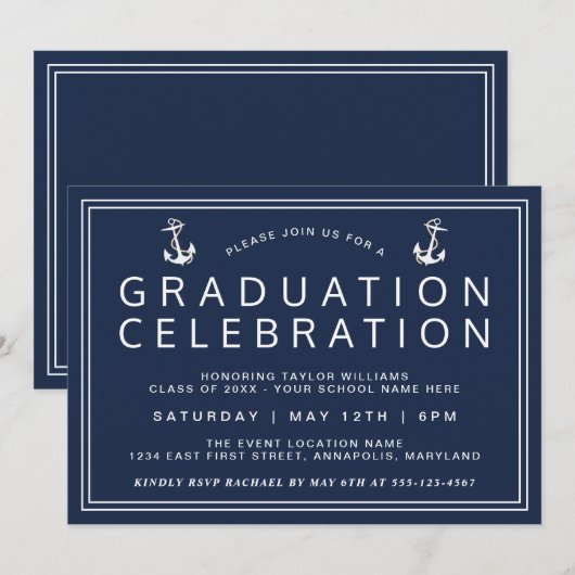 Navy Blue Classic Nautisch Afstuderen Kaart (Voorkant / Achterkant)