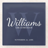 Navy Blue Classic Script Personalized Groomsmen Glazen Onderzetter (Voorkant)