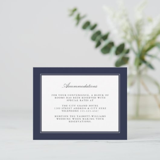 Navy Blue Classic Simple Elegance Accommodations Informatiekaartje (Staand voorkant)