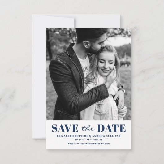 Navy Blue Classic Typografie Foto Save The Date (Voorkant)