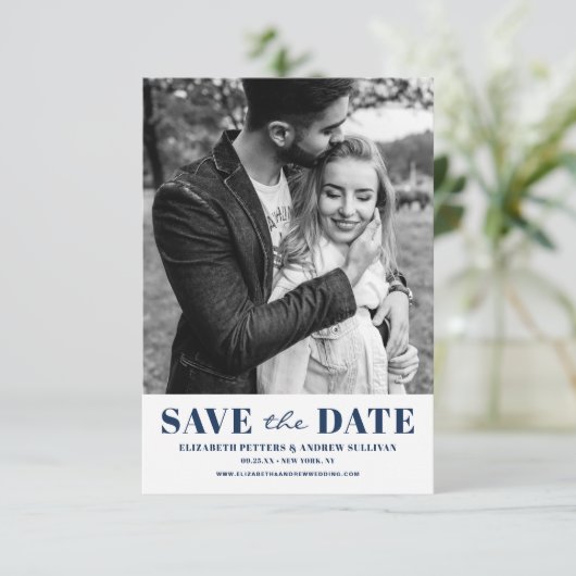 Navy Blue Classic Typografie Foto Save The Date (Staand voorkant)