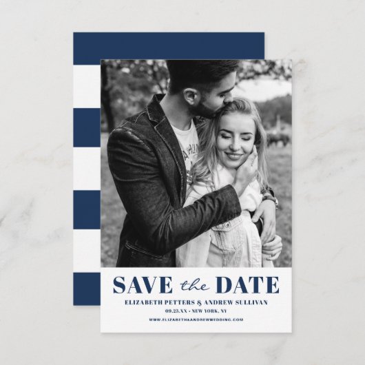 Navy Blue Classic Typografie Foto Save The Date (Voorkant / Achterkant)