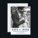 Navy Blue Classic Typografie Foto Save The Date<br><div class="desc">Navy Blue Classic Typografie Foto Save the Date Aankondiging.  Save the Date-aankondiging met Blue Classic-typografie en streepjes rugpatroon. Gepersonaliseerd door uw eigen foto en details toe te voegen. Andere kleuren zijn beschikbaar.</div>