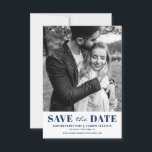 Navy Blue Classic Typografie Foto Save The Date<br><div class="desc">Navy Blue Classic Typografie Foto Save the Date Aankondiging.  Save the Date-aankondiging met Blue Classic-typografie en streepjes rugpatroon. Gepersonaliseerd door uw eigen foto en details toe te voegen. Andere kleuren zijn beschikbaar.</div>