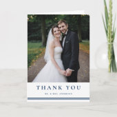 Navy Blue Classic Typography Striped Wedding Bedankkaart (Voorkant)