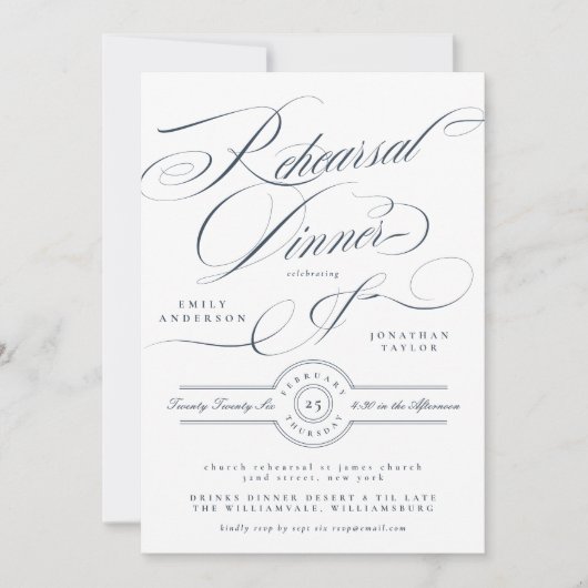 Navy Blue Classy Elegant Wedding Rehearsal Dinner Kaart (Voorkant)