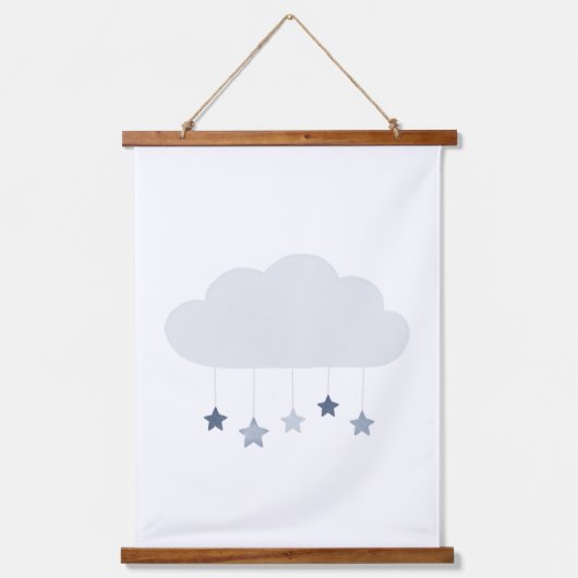 Navy Blue Cloud en Stars Boy Nursery Hangend Wandkleed (Voorkant)