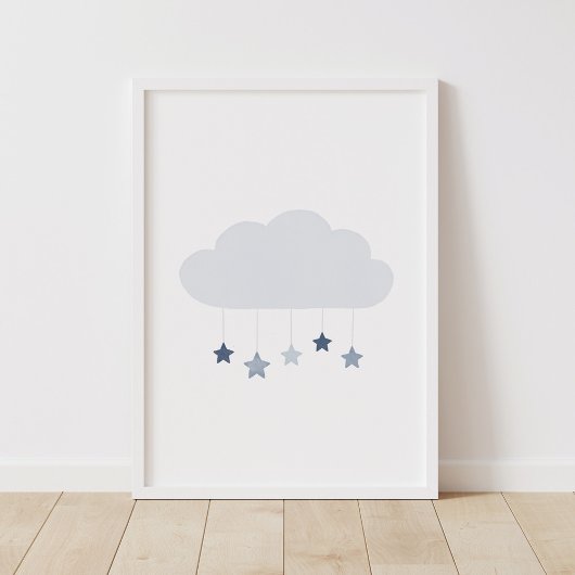 Navy Blue Cloud en Stars Boy Nursery Poster