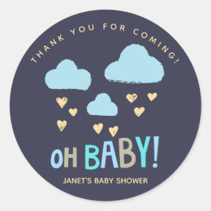 Navy Blue Clouds Oh Baby Boy Baby shower Ronde Sticker