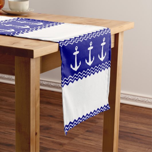 Navy Blue Coastal Pattern Anchors Korte Tafelloper (Voorbeeld)
