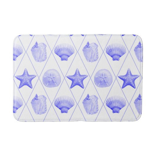 Navy Blue Coastal Seashells Starfish Badmat (Voorkant)