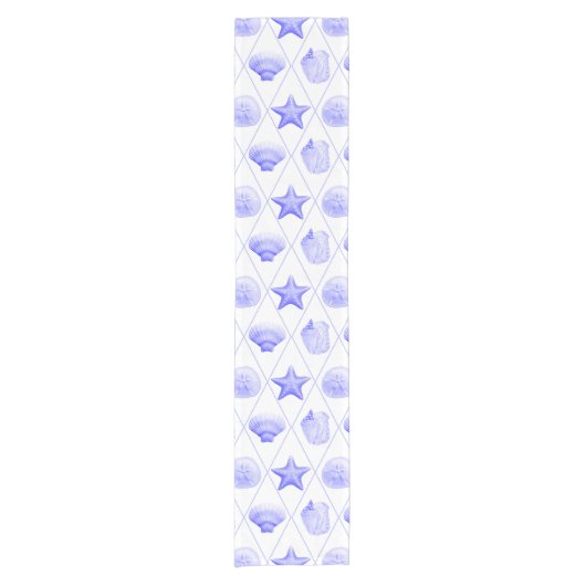 Navy Blue Coastal Seashells Starfish Korte Tafelloper (Voorkant)