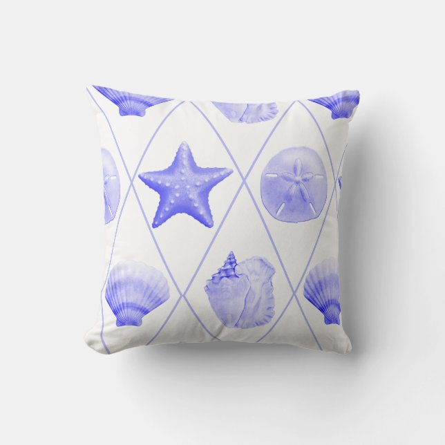 Navy Blue Coastal Seashells Starfish Kussen (Voorkant)