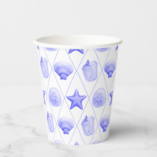 Navy Blue Coastal Seashells Starfish Papieren Bekers (Voorkant)