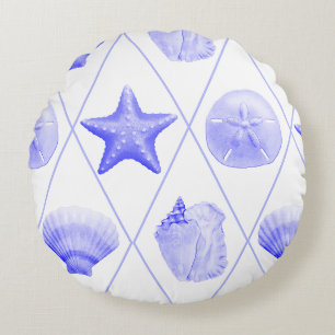Navy Blue Coastal Seashells Starfish Rond Kussen