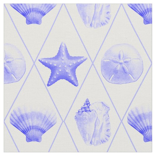 Navy Blue Coastal Seashells Starfish Stof (Close Up)