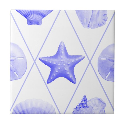 Navy Blue Coastal Seashells Starfish Tegeltje (Voorkant)