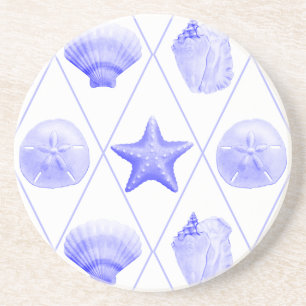 Navy Blue Coastal Seashells Starfish Zandsteen Onderzetter