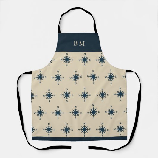 navy blue compass & Monogram Beige Coastal home Schort (Voorkant)