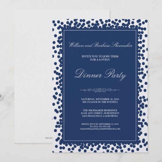 Navy Blue Confetti Dinner Party Invitation Kaart (Voorkant / Achterkant)