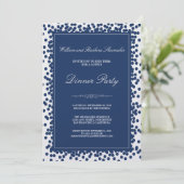 Navy Blue Confetti Dinner Party Invitation Kaart (Staand voorkant)