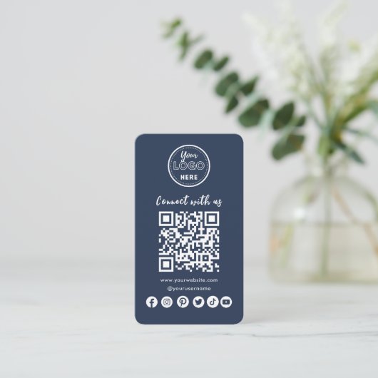 Navy Blue Connect with US Social Media QR Code Visitekaartje (Staand voorkant)