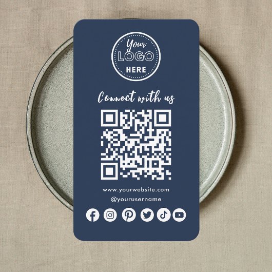 Navy Blue Connect with US Social Media QR Code Visitekaartje