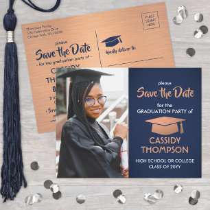 Navy Blue & Copper Afstuderen Foto Bewaar de datum Briefkaart