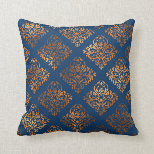Navy Blue Copper Antiek Gold Damask Patroon Kussen