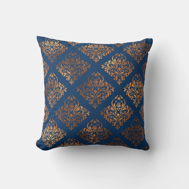 Navy Blue Copper Antiek Gold Damask Pattern Kussen (Voorkant)