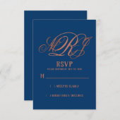 Navy Blue Copper Elegant Monogram Wedding RSVP (Voorkant / Achterkant)