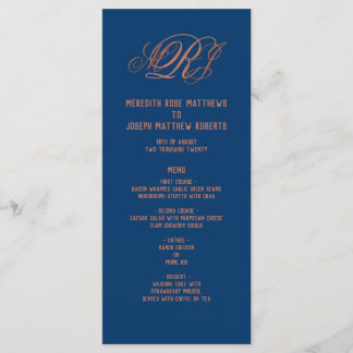 Navy Blue Copper Monogram Elegant Receptie Menu