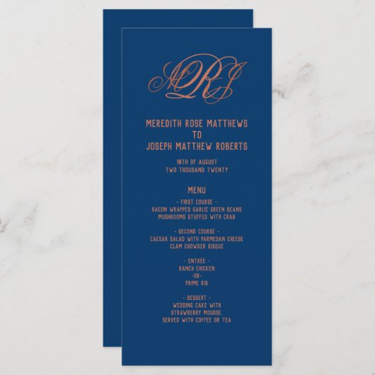 Navy Blue Copper Monogram Elegant Receptie Menu (Voorkant / Achterkant)