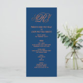 Navy Blue Copper Monogram Elegant Receptie Menu (Staand voorkant)