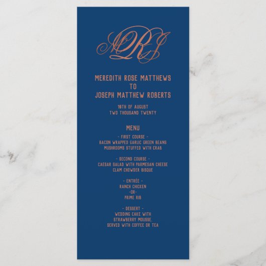 Navy Blue Copper Monogram Elegant Receptie Menu (Voorkant)