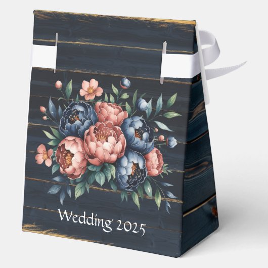 Navy Blue & Copper Peony Wood Wedding Bedankdoosjes (Achterkant)
