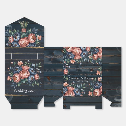 Navy Blue & Copper Peony Wood Wedding Bedankdoosjes (Ongevouwen)