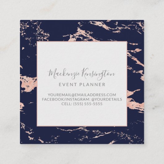 Navy Blue Copper Roos Gold Foil Marble Monogram Vierkante Visitekaartje (Achterkant)