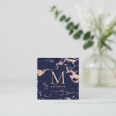 Navy Blue Copper Roos Gold Foil Marble Monogram Vierkante Visitekaartje (Staand voorkant)