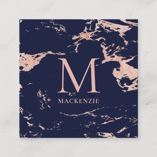 Navy Blue Copper Roos Gold Foil Marble Monogram Vierkante Visitekaartje (Voorkant)